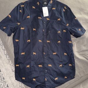 H&M Men's Dark Blue Shirt with Orange Animal Pattern